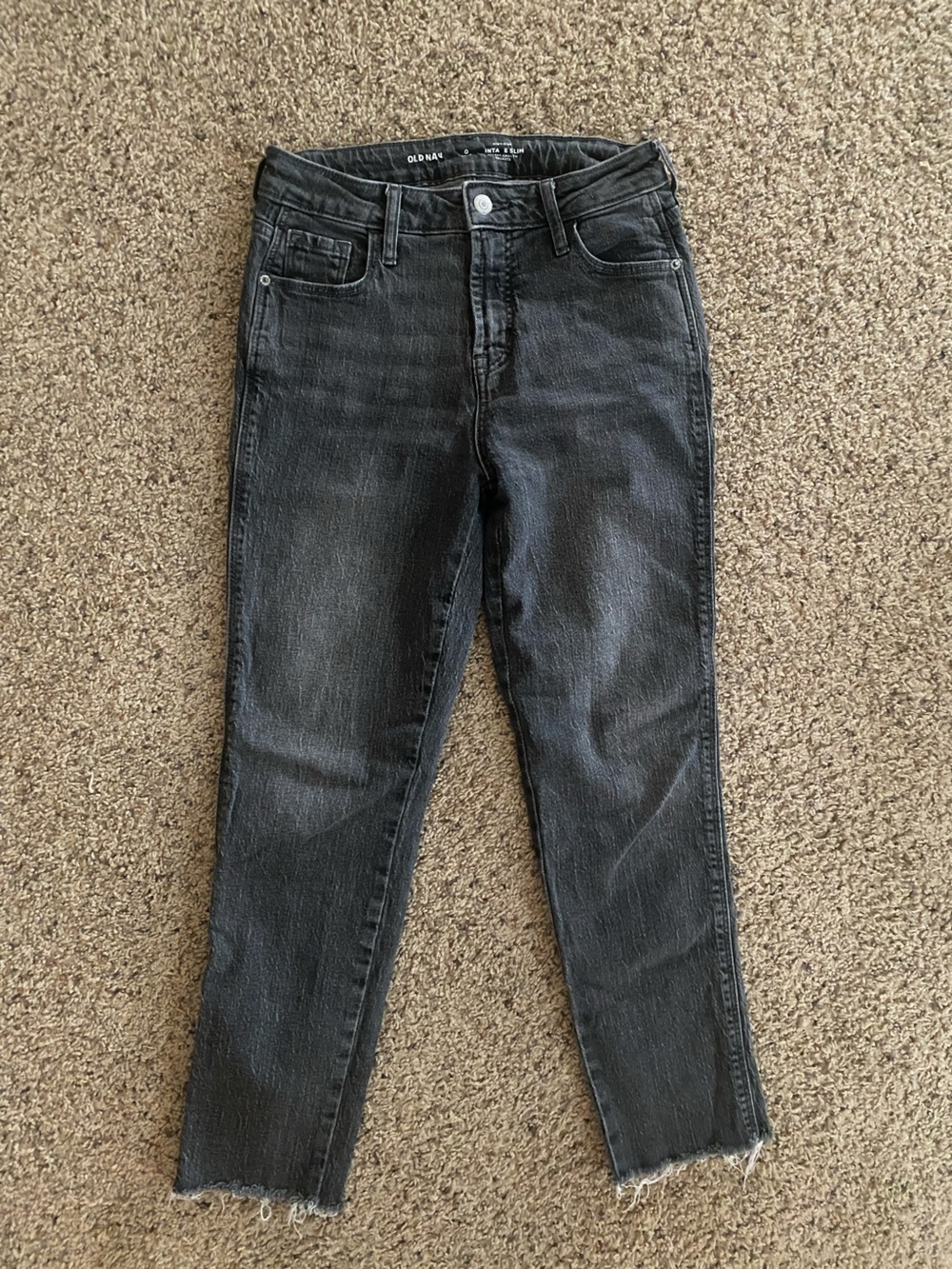 Old Navy high rise black washed denim jeans with a raw, frayed hem Petite 0